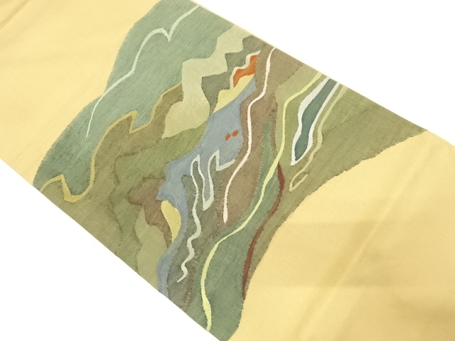 JAPANESE KIMONO / ANTIQUE FUKURO OBI / SILK / WOVEN ABSTRACT MOUNTAIN